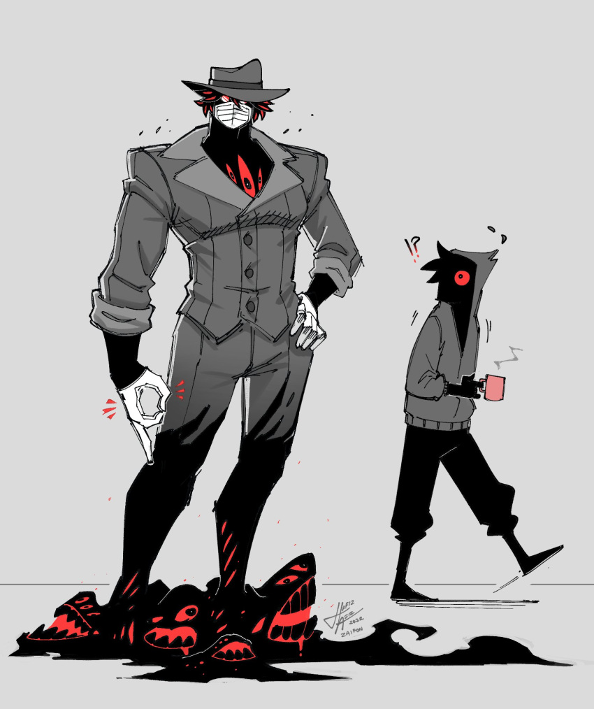 !? 2boys abby_(za1f0n) artist_self-insert black_hair buttons colored_sclera cup dated eldritch_abomination extra_eyes extra_mouth full_body genderswap genderswap_(ftm) gloves grey_background hand_on_own_hip hat highres holding holding_cup looking_at_viewer mask monster_girl mouth_mask multiple_boys multiple_views muscular muscular_male ok_sign original red-tinted_eyewear red_eyes red_sclera signature simple_background skirt sleeves_rolled_up spiked_hair standing suit sunglasses surgical_mask tinted_eyewear too_many_eyes white_gloves za1f0n