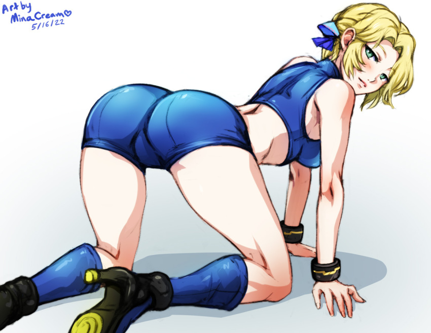 1girl all_fours artist_name ass blonde_hair blue_ribbon breasts cosplay english_commentary fire_emblem fire_emblem:_three_houses green_eyes hair_ribbon high_heels ingrid_brandl_galatea looking_at_viewer medium_breasts metroid mina_cream ribbon samus_aran samus_aran_(cosplay) short_hair shorts solo white_background