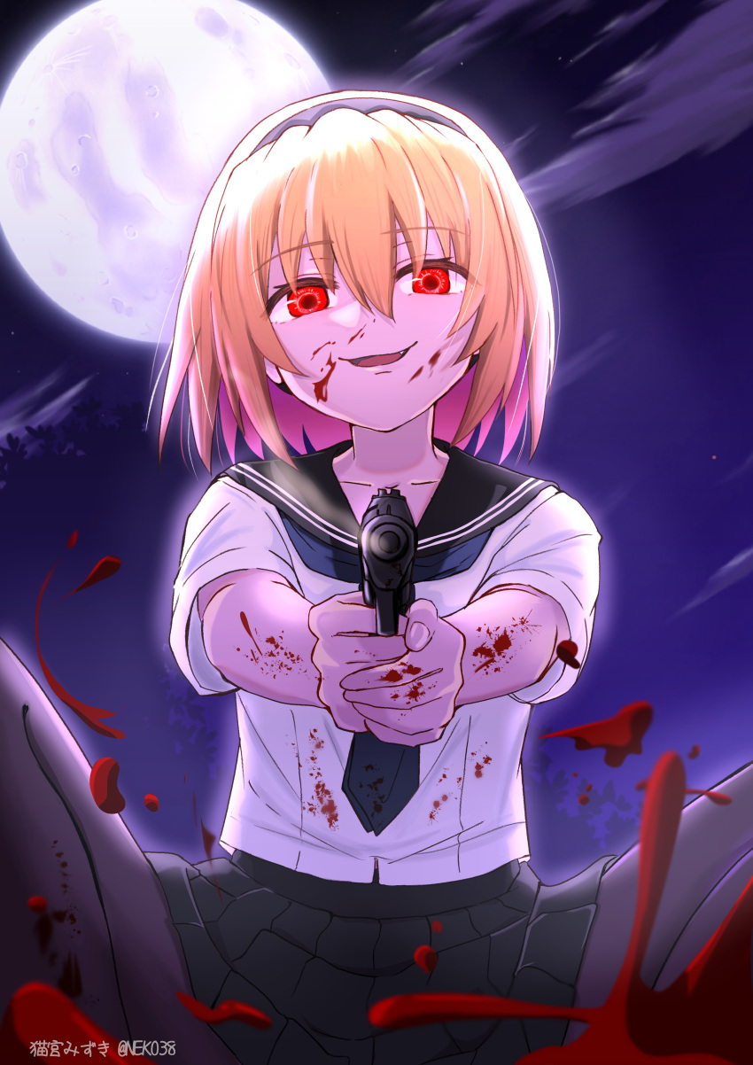 1girl :d absurdres aiming aiming_at_viewer artist_name black_hairband black_sailor_collar black_skirt blonde_hair blood blood_on_clothes blood_on_face blue_neckerchief collarbone collared_shirt commentary_request fang full_moon hair_between_eyes hairband highres higurashi_no_naku_koro_ni houjou_satoko long_hair looking_at_viewer miniskirt mizuno374 moon moonlight neckerchief night open_mouth pantyhose pleated_skirt red_eyes revision sailor_collar sailor_shirt school_uniform serafuku shirt short_sleeves skirt smile solo squatting st._lucia_academy_school_uniform twitter_username white_shirt