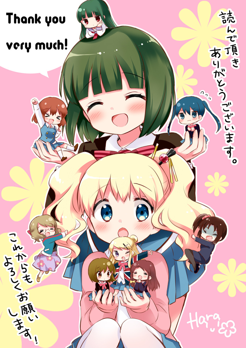 &gt;_&lt; 6+girls :d :o ^_^ absolutely_everyone alice_cartelet aqua_jacket arm_up arms_up artist_name black_footwear blonde_hair blue_eyes blue_hair blue_skirt blush border bow brown_hair brown_socks buttons chestnut_mouth chibi chopsticks clenched_hands closed_eyes closed_mouth collar collared_shirt cowboy_shot curly_hair dark_green_hair dot_mouth dot_nose double-breasted english_text everyone fang fangs floral_background floral_print flower flying_sweatdrops full_body furrowed_brow green_hair grey_eyes hair_bun hair_ornament hairclip hand_up hands_up hanging_on_another hara_yui high_ponytail highres higurashi_kana inokuma_youko jacket jitome karasuma_sakura kin-iro_mosaic komichi_aya kujou_karen kuzehashi_akari long_sleeves matching_outfit matsubara_honoka mixed-language_text multiple_girls official_alternate_costume official_art oomiya_isami oomiya_shinobu open_clothes open_jacket open_mouth orange_eyes orange_hair outstretched_arm pantyhose pink_background pink_bow pleated_skirt purple_eyes purple_hair purple_skirt red_bow red_eyes red_hair school_uniform shaded_face shirt shoes short_twintails side_ponytail signature skin_fang skin_fangs skirt smile socks straight_hair thank_you track_jacket translation_request twintails white_border white_collar white_shirt white_socks x_hair_ornament yellow_bow