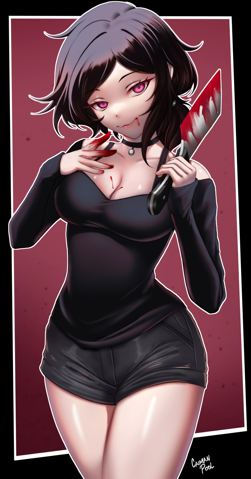 1girl absurdres ashley_graves black_hair blood blood_in_mouth blood_on_breasts blood_on_hands blood_on_knife breasts caiman_pool cleaver collar highres holding_cleaver knife looking_at_viewer pink_eyes shorts the_coffin_of_andy_and_leyley