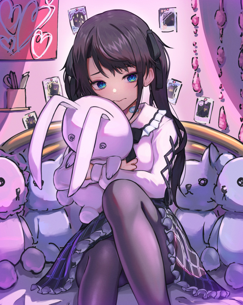 1girl ao_ne bandaid bed bed_frame black_bow black_hair black_ribbon black_thighhighs blue_eyes bow doll_hug facing_viewer frilled_skirt frills hair_ribbon highres holding holding_stuffed_toy hololive indoors long_hair long_sleeves object_hug on_bed oozora_subaru picture_(object) ribbon shirt sitting skirt solo stationery stuffed_animal stuffed_rabbit stuffed_toy teddy_bear thighhighs twintails two-tone_skirt virtual_youtuber