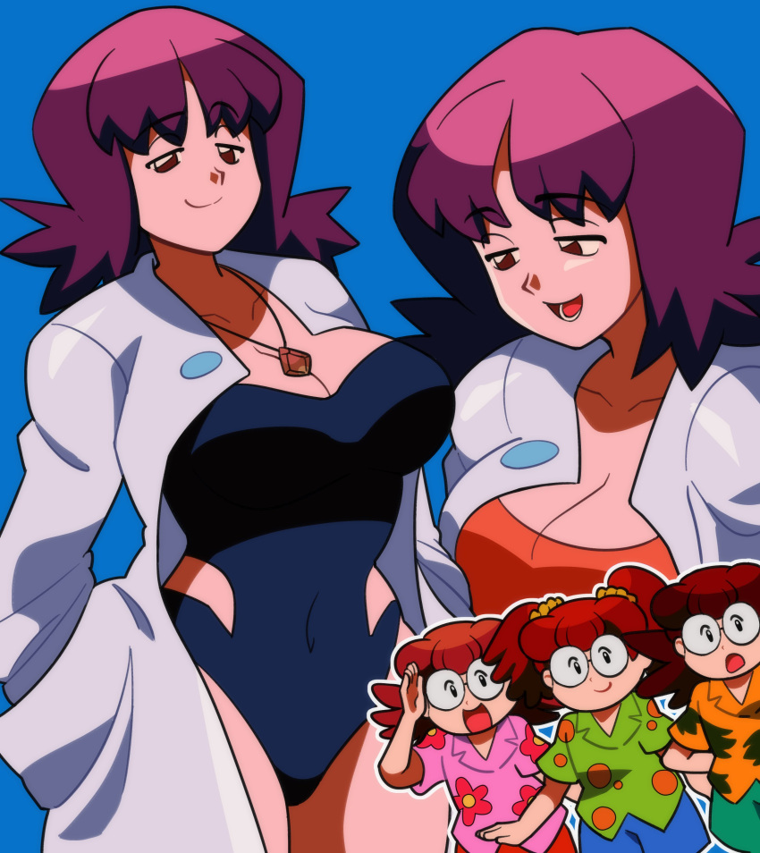 absurdres blue_background blue_one-piece_swimsuit blue_shorts breasts brown_hair casual_one-piece_swimsuit charity_(pokemon) cleavage clothing_cutout coat collarbone collared_shirt covered_navel faith_(pokemon) gem glasses green_shirt green_shorts half-closed_eyes hands_in_pockets highleg highleg_swimsuit highres hope_(pokemon) jewelry lab_coat loveycloud lower_teeth_only multiple_girls multiple_views necklace one-piece_swimsuit open_clothes orange_shirt parted_bangs philena_ivy pink_shirt pokemon pokemon_(anime) pokemon_(classic_anime) purple_eyes purple_hair red_shorts round_eyewear shirt short_hair shorts side_cutout simple_background smile strapless_one-piece_swimsuit swimsuit swimsuit_under_clothes teeth twintails white_coat