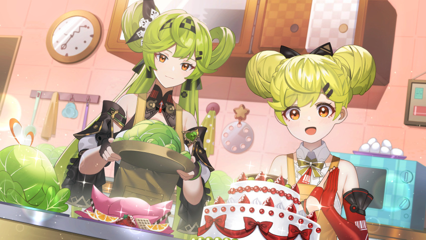 2girls :d ai-chan_(chrono_navi)_(honkai_impact) ai-chan_(honkai_impact) apron bare_shoulders braid brown_apron cabbage cake checkered_hairband clock closed_mouth collared_shirt commentary_request detached_sleeves double_bun elbow_gloves food fruit gloves green_hair hair_bun hair_ornament hair_rings hairclip highres holding holding_plate honkai_(series) honkai_impact_3rd indoors korean_commentary long_hair multiple_girls orange_eyes palms_together plate puffy_short_sleeves puffy_sleeves red_gloves second-party_source shirt short_sleeves single_elbow_glove sleeveless sleeveless_shirt smile star_(symbol) strawberry tile_wall tiles very_long_hair wall_clock white_shirt white_sleeves yuujin_(yuzinn333)