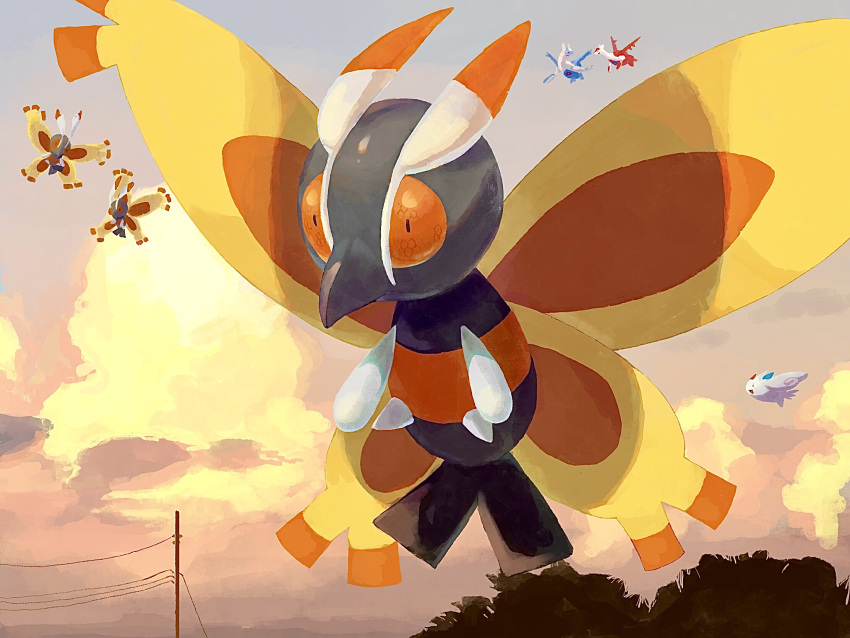 bug cloud commentary_request day flying highres latias latios mothim no_humans outdoors pokemon pokemon_(creature) power_lines sky togekiss utility_pole zai_(3333333333353pk)