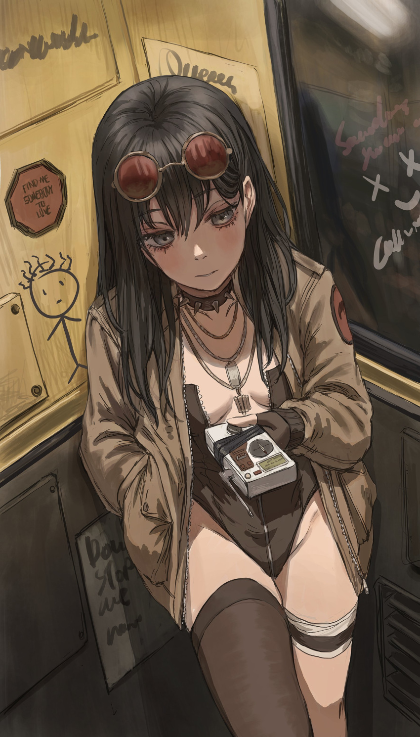 1girl absurdres black_eyes black_hair blush bored breasts cleavage collar collarbone fingerless_gloves from_above gloves gold_can hand_in_pocket highres indoors jacket jewelry jitome leotard long_hair necklace original single_thighhigh skindentation solo spiked_collar spikes stick_figure sunglasses thigh_strap thighhighs train_interior
