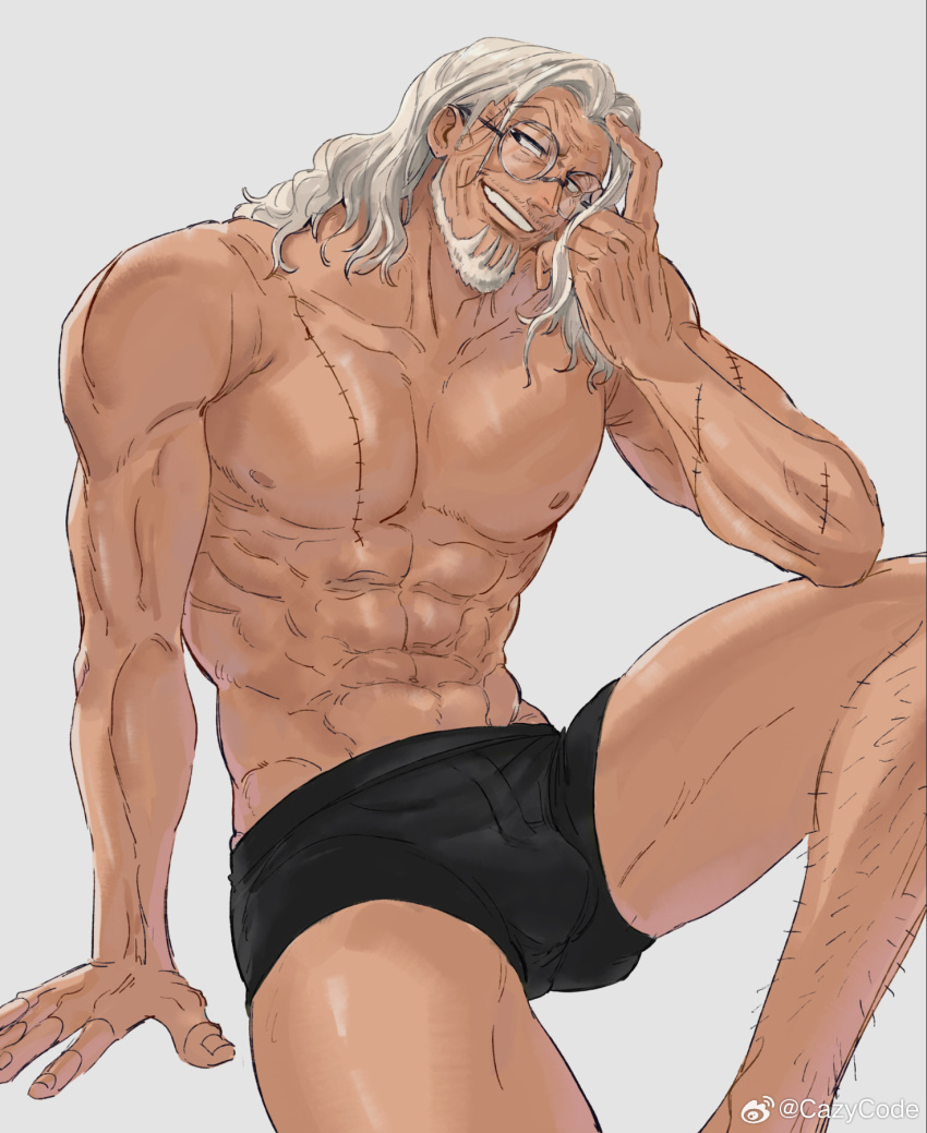 1boy abs bara beard black_male_underwear boxer_briefs bulge facial_hair feet_out_of_frame glasses grin highres knee_up large_pectorals long_hair looking_to_the_side male_focus male_underwear mature_male mcbuckwheat muscular muscular_male mustache mustache_stubble navel nipples old old_man one_piece pectorals playing_with_own_hair seductive_smile silvers_rayleigh sitting smile solo sparse_leg_hair stomach thick_thighs thighs topless_male underwear white_background white_hair wrinkled_skin