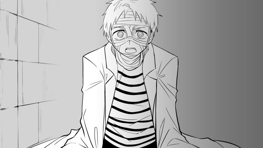 1boy bandaged_head bandages fabricant_100 fabricant_number_1 greyscale highres lab_coat long_sleeves looking_at_viewer male_focus mannma17 monochrome open_mouth ringed_eyes shirt short_hair solo striped striped_shirt