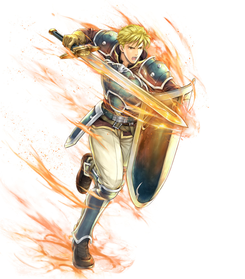 1boy armor attack blonde_hair brown_footwear fire_emblem fire_emblem:_the_blazing_blade fire_emblem_heroes harken_(fire_emblem) highres holding holding_shield holding_sword holding_weapon male_focus non-web_source shield shin_guards shoulder_armor solo sword weapon yamada_koutarou