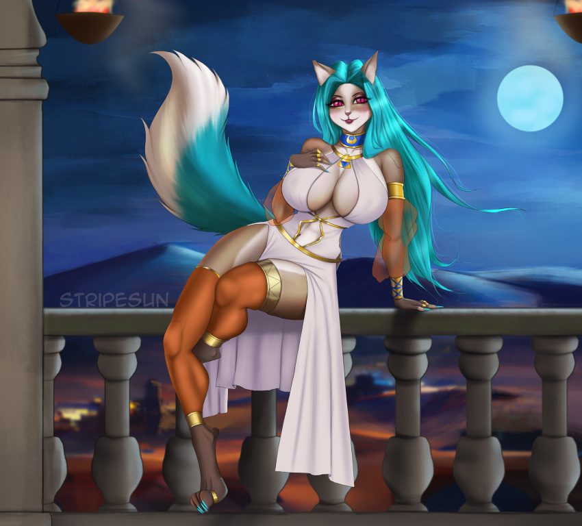 absurd_res akeno_(itsnafulol) alternate_species anthro balcony big_breasts blue_hair breasts brown_body brown_fur choker clothing desert domestic_cat dress egyptian egyptian_clothing felid feline felis female fur furrification gold_(metal) gold_jewelry hair hi_res jewelry legwear long_hair mammal moon necklace night purple_eyes ragdoll_cat sitting smile solo sunstripe tail thick_thighs thigh_highs white_clothing white_dress