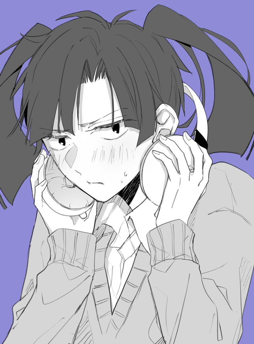 1girl absurdres adjusting_headphones annoyed blue_background blunt_bangs blunt_ends closed_mouth collared_shirt commentary curtained_hair enomoto_takane greyscale_with_colored_background highres kagerou_project long_sleeves looking_at_viewer open_collar parted_hair portrait saitou_shiori_(pixiv14549321) school_uniform shirt simple_background solo sweat sweater twintails v-neck