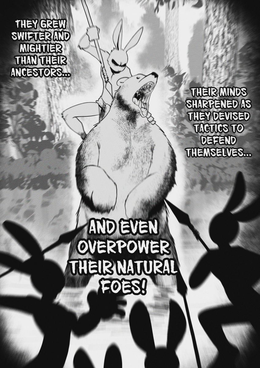 ambiguous_gender anthro bear black_and_white comic comic_panel english_text feral fight fighting_pose group hi_res hunting lagomorph leporid mammal melee_weapon monochrome open_mouth peculiart polearm pose predator/prey rabbit roaring spear teeth text weapon