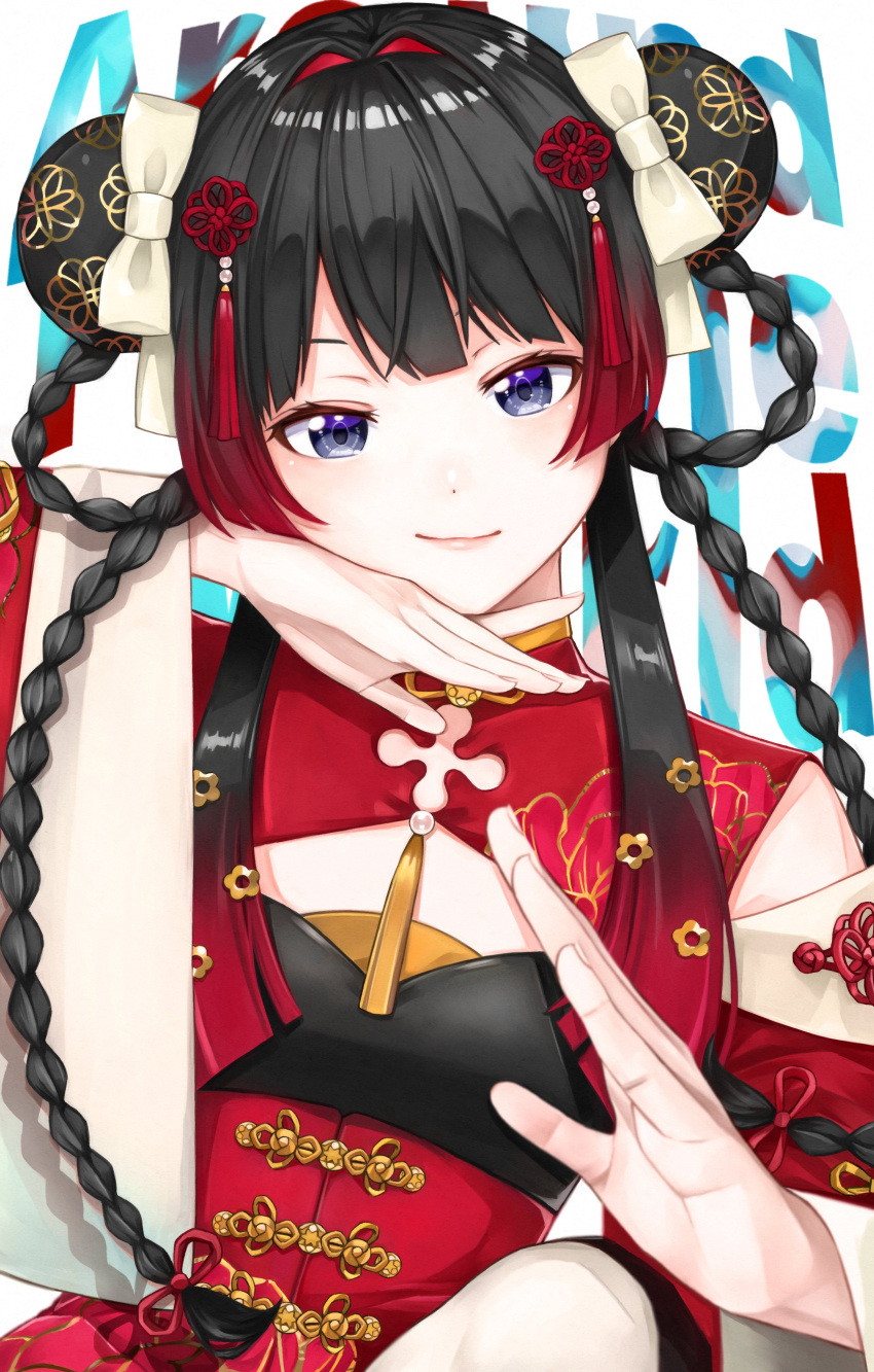 1girl absurdres black_hair blue_eyes braid bun_cover chinese_clothes commentary dress floral_print gradient_hair hair_ornament highres long_hair multicolored_hair nijisanji nmny0 official_alternate_costume red_dress red_hair solo symbol-only_commentary tassel tassel_hair_ornament tsukino_mito tsukino_mito_(china_dress) twin_braids virtual_youtuber