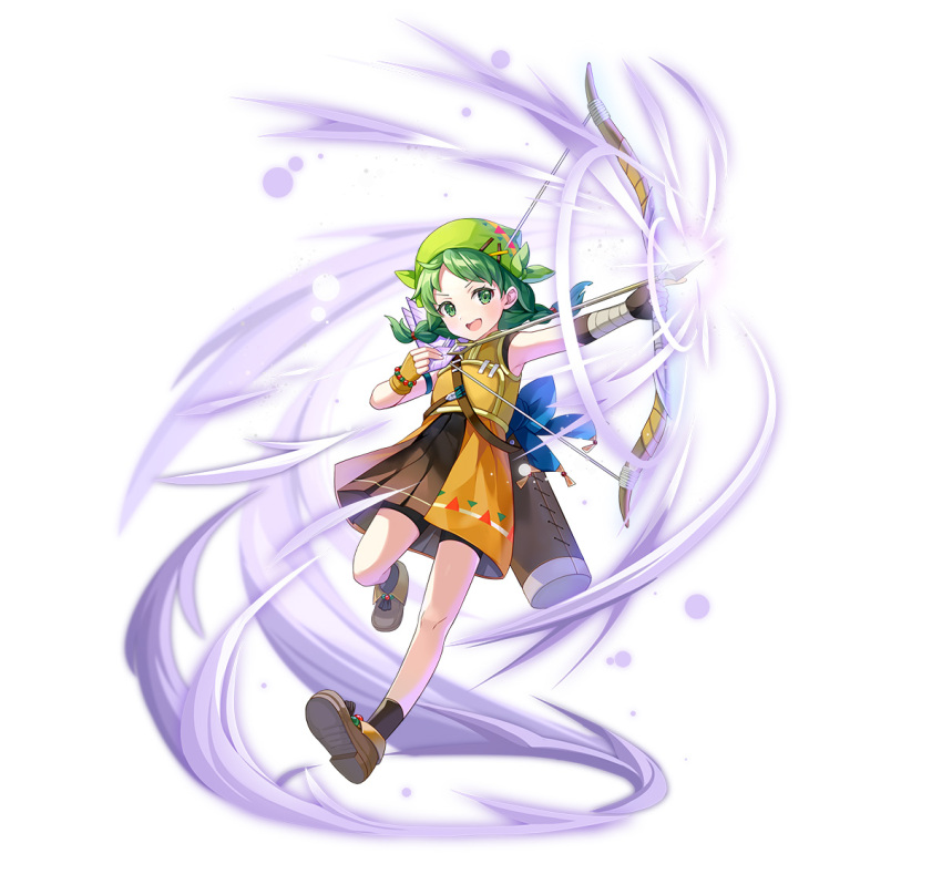 1girl aged_down aiming bandana black_gloves bow_(weapon) braid brown_footwear fingerless_gloves fire_emblem fire_emblem:_the_blazing_blade fire_emblem_heroes gloves green_eyes official_alternate_costume official_art open_mouth pleated_skirt quiver rebecca_(fire_emblem) skirt smile solo twintails v-shaped_eyebrows weapon yellow_bandana