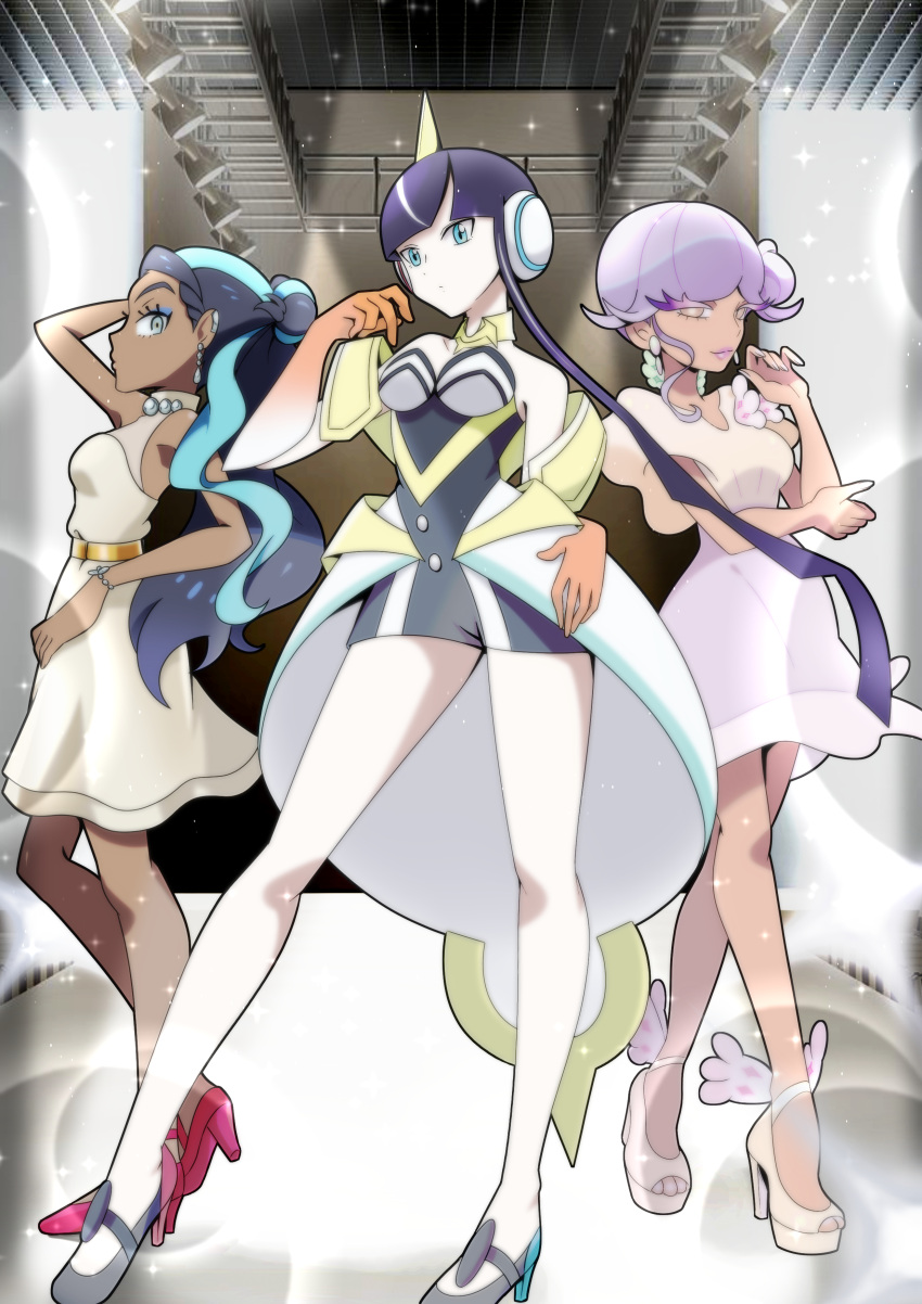 3girls absurdres aqua_eyes aqua_hair arm_up asymmetrical_footwear bare_legs bare_shoulders belt black_footwear black_hair blue_eyes blue_eyeshadow blunt_bangs bracelet breasts ceiling coattails collared_dress colored_eyelashes crystal_earrings dark-skinned_female dark_skin detached_collar dress earrings elbow_gloves elesa_(pokemon) elesa_(sygna_suit)_(pokemon) expressionless eyeshadow fashion full_body gloves gradient_gloves hair_bun hand_in_own_hair hand_on_own_stomach hand_up headphones high_heels highres jewelry light_smile lipstick long_hair makeup medium_breasts medium_hair mismatched_footwear multicolored_clothes multicolored_dress multicolored_hair multiple_earrings multiple_girls nail_polish necklace nessa_(pokemon) orange_gloves pearl_necklace pokemon pokemon_(game) pokemon_masters_ex pokemon_sv pokemon_swsh profile puffy_short_sleeves puffy_sleeves purple_hair purple_lips purple_nails red_footwear short_sleeves single_hair_bun single_sidelock sleeveless sleeveless_dress sparkle stage stage_lights strappy_heels streaked_hair takuya toenail_polish toenails tulip_(pokemon) very_long_hair white_dress yellow_belt yellow_eyes