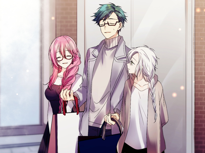 1boy 2girls bag black_dress braid brown_jacket closed_eyes coat dress eiyuu_densetsu emma_millstein fie_claussell green_eyes green_hair holding holding_bag jacket long_hair machias_regnitz multiple_girls open_clothes open_coat open_jacket parted_lips pink_hair semi-rimless_eyewear sen_no_kiseki sen_no_kiseki_iv shirt shopping_bag short_hair smile soap_(user_kghh4755) sweat sweater turtleneck turtleneck_sweater under-rim_eyewear white_coat white_hair white_shirt white_sweater