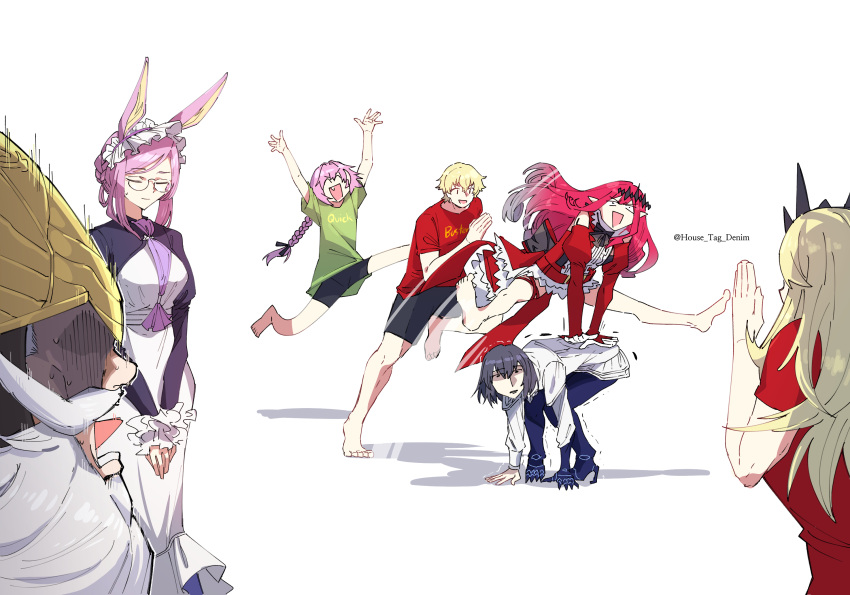 3girls 4boys animal_ears astolfo_(fate) barefoot beard black_hair blonde_hair blue_pants braid braided_ponytail buster_shirt closed_eyes detached_sleeves don_quixote_(fate) dress facial_hair fairy_knight_gawain_(fate) fairy_knight_tristan_(fate) fate/grand_order fate_(series) glasses green_shirt helmet highres horns horse_ears horse_girl house_tag_denim jumping long_hair long_sleeves multiple_boys multiple_girls oberon_(fate) oberon_(third_ascension)_(fate) open_mouth pants pink_hair pointy_ears quick_shirt red_dress red_shirt roland_(fate) sancho_(fate) shirt short_hair short_sleeves sidelocks smile squatting tiara white_hair white_shirt