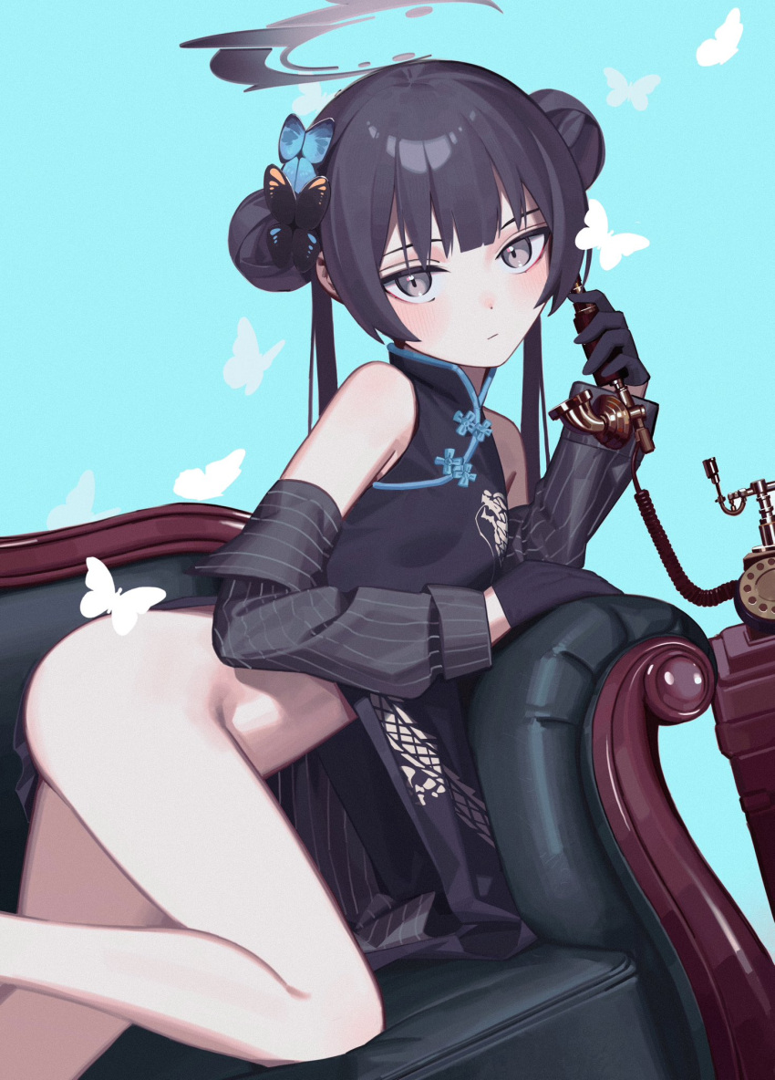 1girl all_fours antique_phone ass bare_shoulders black_dress black_gloves black_hair blue_archive blue_background breasts bug butterfly butterfly_hair_ornament china_dress chinese_clothes closed_mouth coat corded_phone couch double_bun dragon_print dress gloves hair_bun hair_ornament halo highres holding holding_phone jacket kisaki_(blue_archive) long_hair long_sleeves looking_at_viewer no_panties off_shoulder phone print_dress rotary_phone ryuuforkaf simple_background sleeveless sleeveless_dress small_breasts solo striped striped_coat striped_jacket thighs twintails vertical-striped_coat