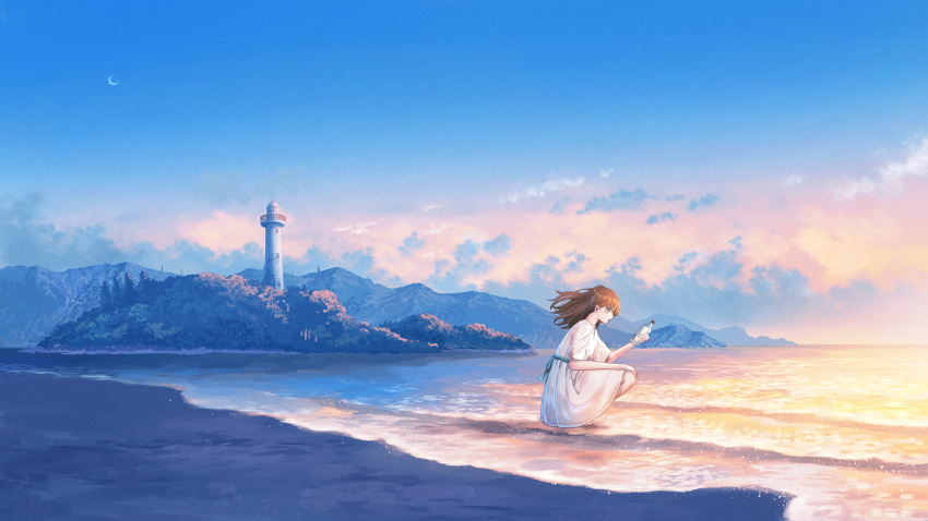 1girl absurdres barefoot beach blue_sky bottle brown_eyes brown_hair cloud commentary_request crescent_moon dress evening floating_hair highres holding holding_bottle landscape lighthouse long_hair message_in_a_bottle moon mountain ocean original outdoors scenery shuu_illust sky solo squatting sunset tree waves white_dress