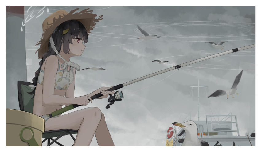 1girl animal bare_arms bare_shoulders bikini bird black_hair blue_archive boat braid brown_headwear closed_mouth cloud cloudy_sky commentary_request doran_(dorannomai) feet_out_of_frame fishing_line fishing_rod hat highres holding holding_fishing_rod knees_together_feet_apart leaf leaf_on_head leaf_print long_hair miyu_(swimsuit)_(blue_archive) navel on_chair outdoors print_bikini profile red_eyes seagull sitting sky solo straw_hat swimsuit watercraft white_bikini