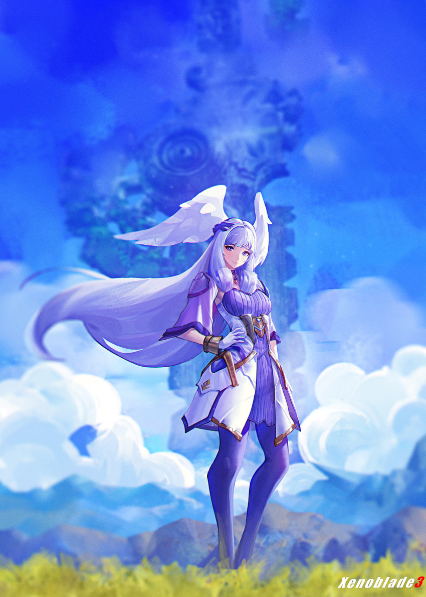 1girl absurdres blue_sky closed_mouth cloud commentary copyright_name day detached_sleeves dress floating_hair gloves grey_hair hand_on_own_hip head_wings highres long_hair looking_at_viewer melia_antiqua mountainous_horizon outdoors pantyhose purple_eyes purple_pantyhose sky smile solo very_long_hair white_gloves xenoblade_chronicles_(series) xenoblade_chronicles_3 xiiia9743