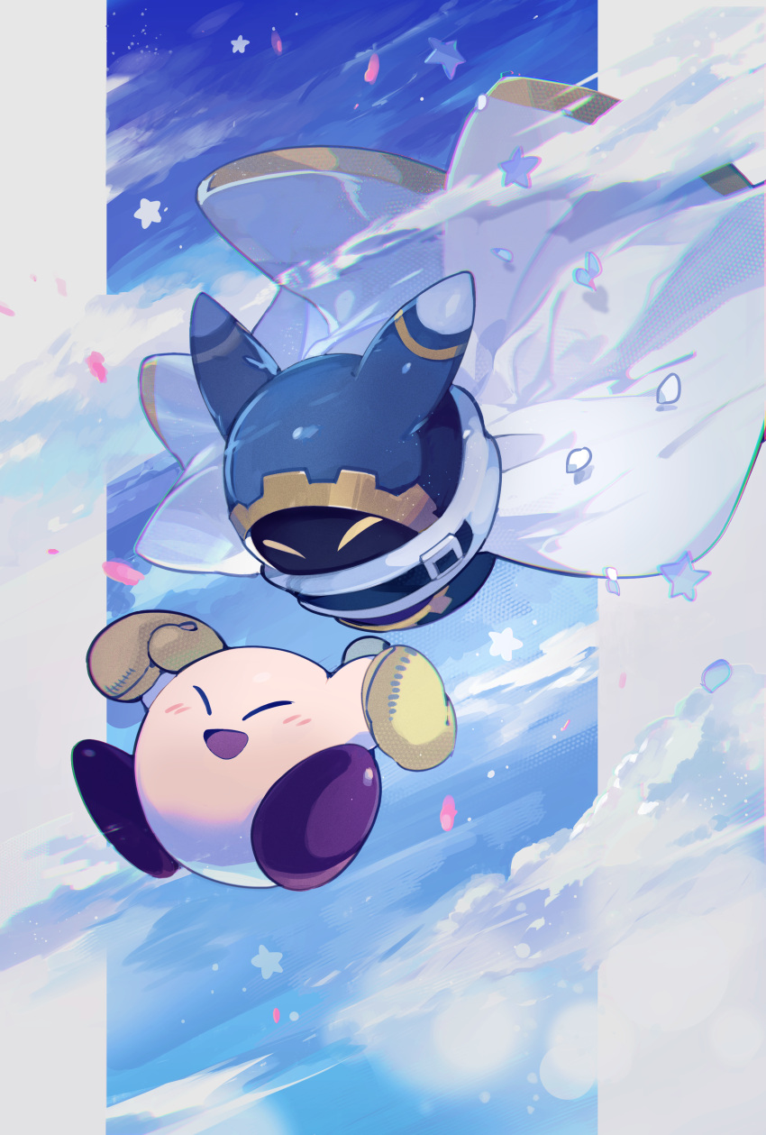 absurdres cape carrying closed_eyes cloud disembodied_limb gloves highres higuchi_megumi kirby kirby's_dream_land kirby_(series) magolor no_humans open_mouth outdoors petals sky star_(symbol) yellow_gloves