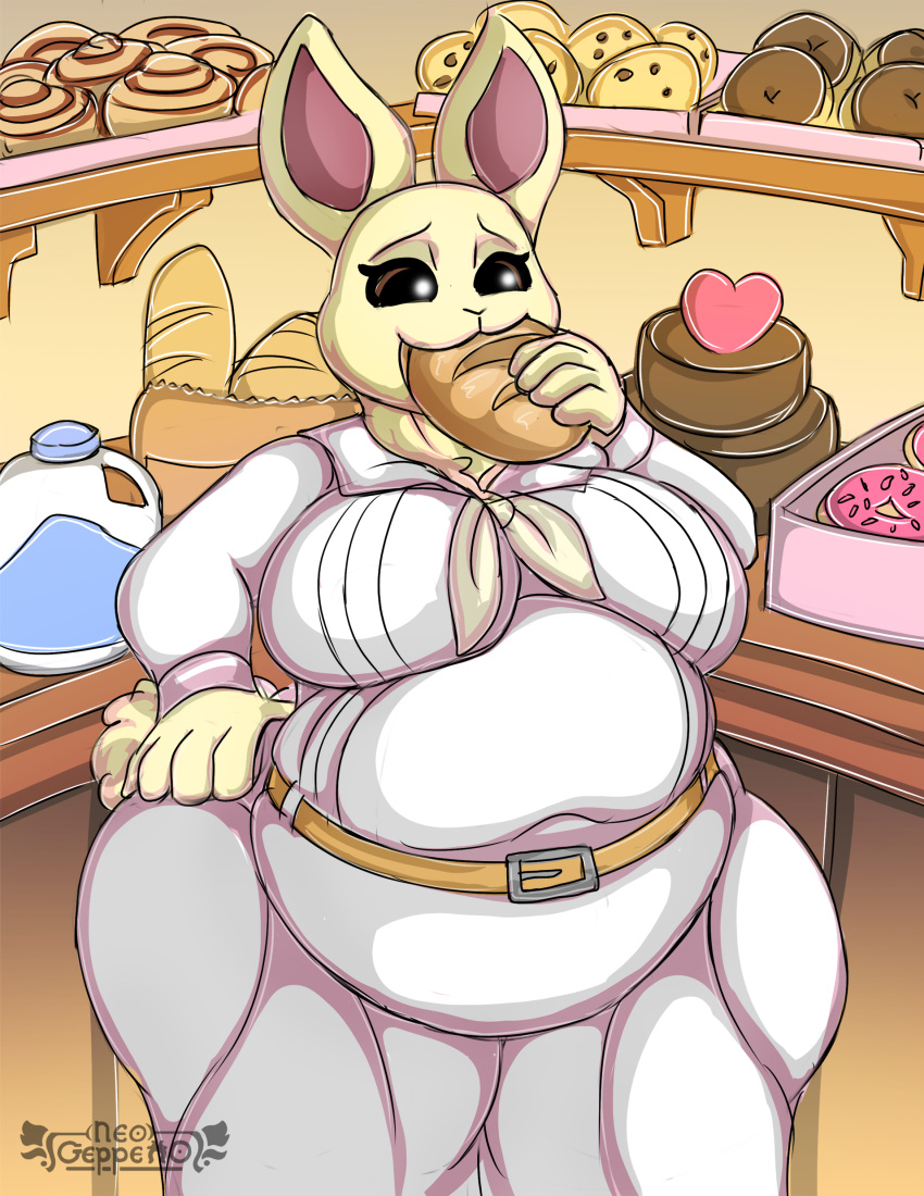 absurd_res anthro beastars belly big_belly big_breasts big_butt breasts butt clothed clothing curvy_figure digital_media_(artwork) domestic_rabbit dwarf_rabbit eating eating_food feeding female fur hair haru_(beastars) hi_res horn huge_breasts huge_butt huge_hips huge_thighs hyper hyper_belly hyper_breasts inflation lagomorph leporid mammal neo_geppetto nipples open_mouth oryctolagus overweight overweight_anthro overweight_female rabbit slightly_chubby smile solo text thick_thighs tight_clothing voluptuous weight_gain wide_hips