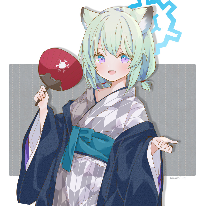 1girl absurdres animal_ears blue_archive blue_eyes commentary_request gradient_eyes grey_kimono halo hand_fan highres holding holding_fan japanese_clothes kimono light_green_hair looking_at_viewer low_twintails multicolored_eyes obi official_alternate_costume open_mouth paper_fan purple_eyes saekiya_sabou sash shigure_(blue_archive) shigure_(hot_spring)_(blue_archive) short_hair smile solo twintails twitter_username upper_body weasel_ears yagasuri