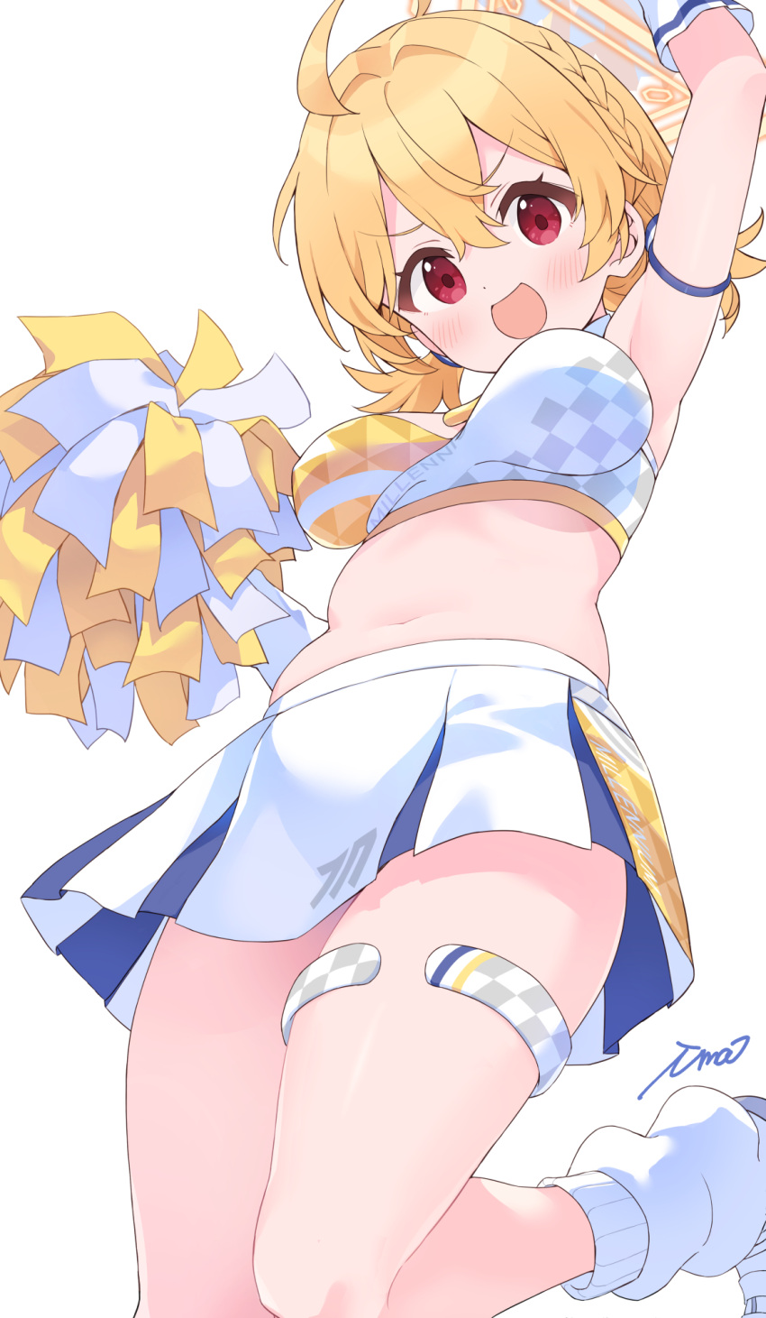 1girl :d arm_up armlet armpits blonde_hair blue_archive braid breasts commentary_request from_below hair_between_eyes halo highres holding holding_pom_poms ima_(lm_ew) kotori_(blue_archive) kotori_(cheer_squad)_(blue_archive) looking_at_viewer looking_down loose_socks low_twintails medium_hair navel official_alternate_costume official_alternate_hairstyle pleated_skirt pom_pom_(cheerleading) red_eyes sidelocks signature simple_background single_braid skirt sleeveless smile socks solo standing standing_on_one_leg stomach thighhighs thighlet twintails underboob white_background white_socks white_thighhighs