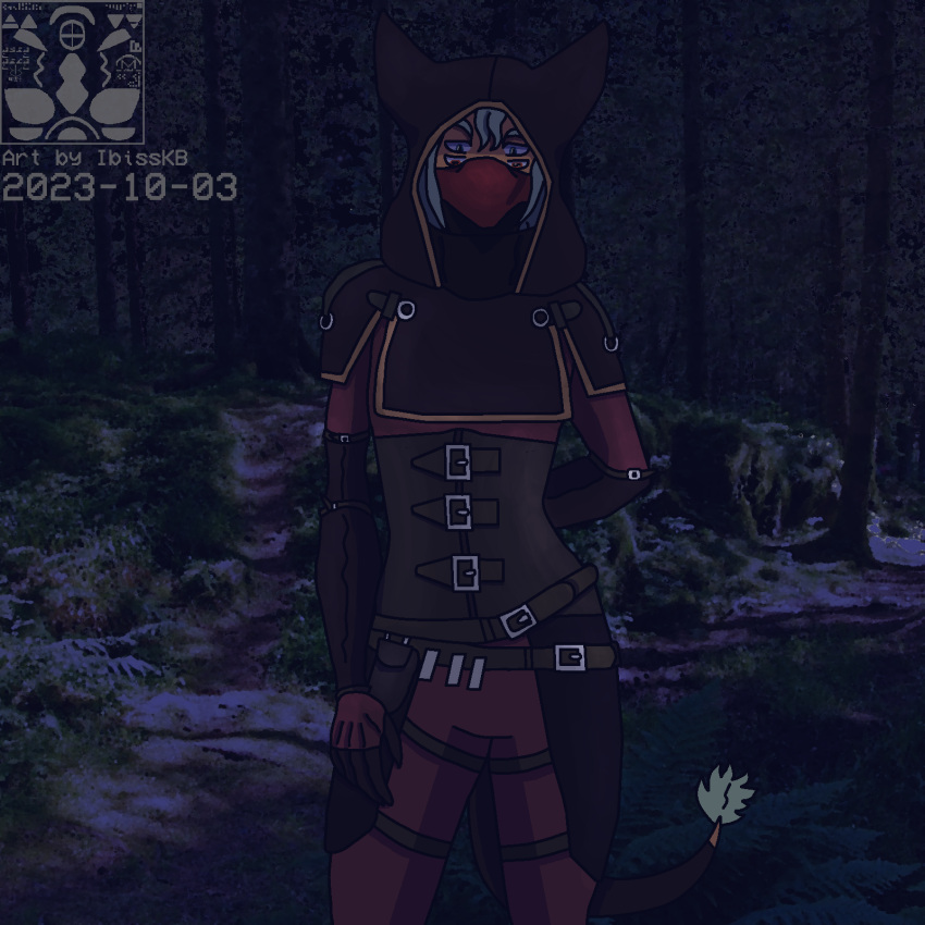 2023 4_eyes alien ambiguous_gender anthro armor artist_logo artist_name assassin bandanna belt belt_buckle black_clothing blue_eyes brown_belt cloak clothed clothing corset corset_armor dated felid feline forest fully_clothed fully_clothed_anthro fully_clothed_male gloves hair hand_behind_back handwear hi_res hood hood_up hybrid ibisskb kerchief leather leather_armor leather_clothing light_armor lingerie logo male mammal mask multi_eye night orange_eyes outside plant red_clothing reptile rogue scalie solo tail tail_tuft tassets the_dark_brotherhood_(the_elder_scrolls) topwear tree tuft two_belts unknown_species watermark wearing_mask