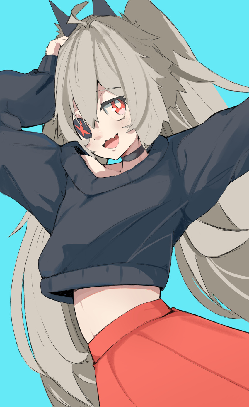 1girl ;d absurdres ahoge aqua_background black_collar black_sweater blush collar commentary djmax djmax_respect english_commentary eyepatch fail_(djmax) fang grey_hair hair_between_eyes hair_ornament hand_on_own_head highres long_hair looking_at_viewer maishtar_colo midriff one_eye_closed open_mouth outstretched_arm red_eyes red_skirt sidelocks skin_fang skirt sleeves_past_wrists smile solo sweater twintails very_long_hair