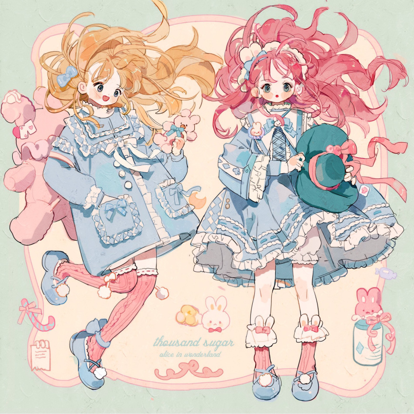 2girls :o animal_bag ankle_cuffs ankle_socks aqua_headwear baby_bottle backpack bag blonde_hair bloomers blue_bow blue_bowtie blue_coat blue_dress blue_eyes blue_footwear blush_stickers bottle bow bow_legwear bowtie buttons candy candy_cane center_frills clothes_lift coat coat_bow collar commentary commission cross-laced_clothes cross-laced_dress cross-laced_footwear dress dress_lift english_commentary english_text eyeshadow floating_hair food frilled_collar frilled_dress frilled_footwear frilled_sleeves frills full_body green_background hair_bow hair_ornament hand_in_pocket hat hat_bow high_collar highres holding holding_clothes holding_hat layered_sleeves leg_up lolita_fashion long_hair long_sleeves looking_at_object looking_at_viewer makeup mary_janes multiple_girls open_mouth original pink_bag pink_bow pink_eyeshadow pink_hair pink_socks pink_thighhighs pocket pom_pom_(clothes) putong_xiao_gou rabbit_hair_ornament ribbon-trimmed_coat ribbon_trim shoes short_dress smile socks straight-on stuffed_animal stuffed_rabbit stuffed_toy sun_hat thighhighs two-tone_background white_bloomers white_collar white_headdress wide_sleeves yellow_background