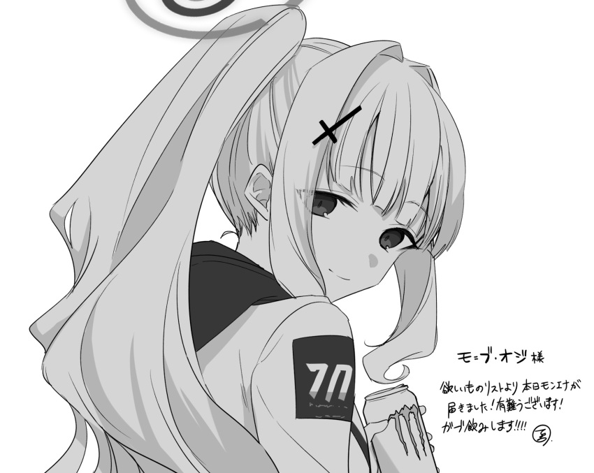 1girl blue_archive blunt_bangs cross_hair_ornament drink from_behind greyscale hair_intakes hair_ornament halo hare_(blue_archive) highres holding holding_drink hood hoodie inotukuhito lone_nape_hair long_hair looking_at_viewer monochrome monster_energy ponytail sidelocks smile solo translation_request upper_body