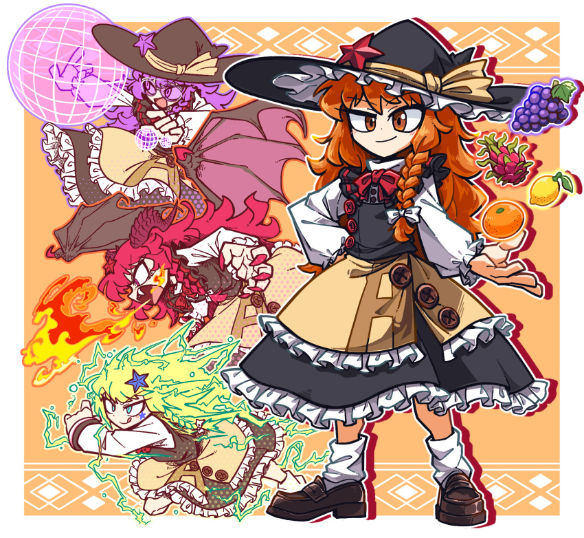 1girl :q amerika_zarigani azusa_(cookie) black_headwear black_skirt black_vest blonde_hair blue_eyes bow bowtie braid breathing_fire brown_footwear buttons closed_mouth commentary_request cookie_(touhou) dragon_fruit dragon_girl dragon_wings electricity fire flat_chest food frilled_skirt frills fruit full_body glasses grapes hair_bow hat hat_bow highres holographic_interface kirisame_marisa lemon loafers long_hair looking_at_viewer medium_bangs open_mouth orange_(fruit) orange_eyes orange_hair purple_eyes purple_hair red_bow red_bowtie red_eyes red_hair red_nails red_star shirt shoes single_braid skirt skirt_set smile socks standing star_(symbol) tongue tongue_out touhou turtleneck vest white_bow white_shirt wings witch_hat