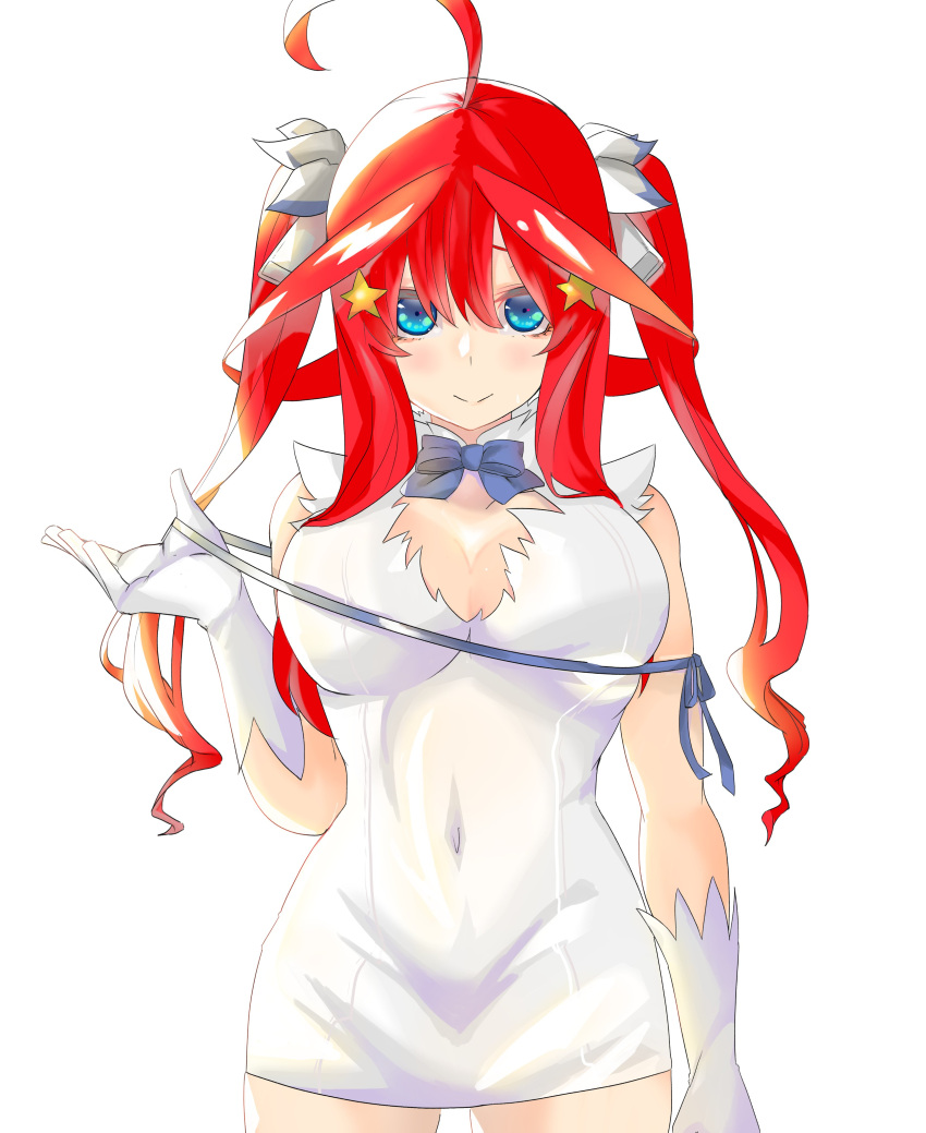 1girl absurdres alternate_costume antenna_hair blue_bow blue_bowtie blue_eyes bow bowtie braid breasts cosplay dress gloves go-toubun_no_hanayome hestia_(danmachi) hestia_(danmachi)_(cosplay) highres large_breasts long_hair looking_at_viewer minase_inori mojusaiko nakano_itsuki red_hair rei_no_himo simple_background sleeveless sleeveless_dress solo twin_braids voice_actor_connection white_background white_dress white_gloves