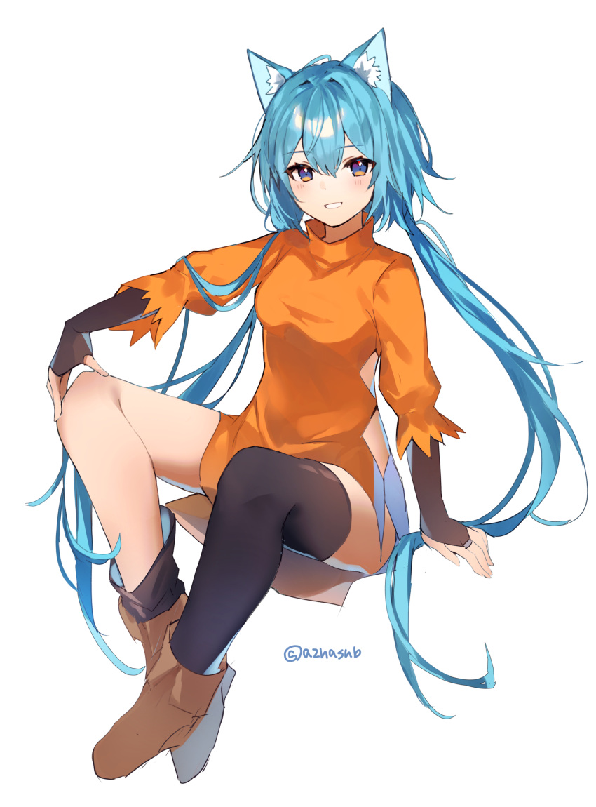 1girl absurdres animal_ear_fluff animal_ears azna blue_hair blush boots brown_footwear full_body hair_between_eyes hand_on_own_knee highres invisible_chair long_hair looking_at_viewer low_twintails original simple_background single_thighhigh sitting solo thighhighs twintails twitter_username very_long_hair white_background