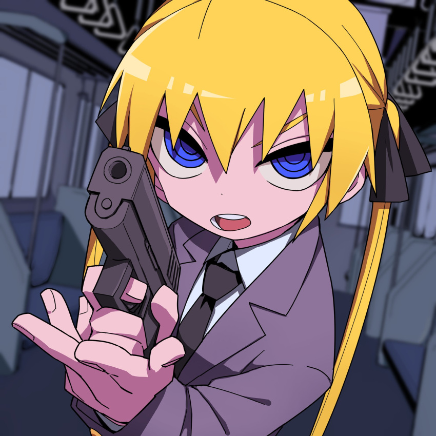 1girl black_necktie black_ribbon blonde_hair blue_eyes blurry blurry_background collared_shirt grey_jacket gun hair_ribbon handgun highres holding holding_gun holding_weapon jacket kill_me_baby long_hair long_sleeves looking_at_viewer necktie open_mouth ribbon shirt solo sonya_(kill_me_baby) train_interior twintails weapon white_shirt yachima_tana