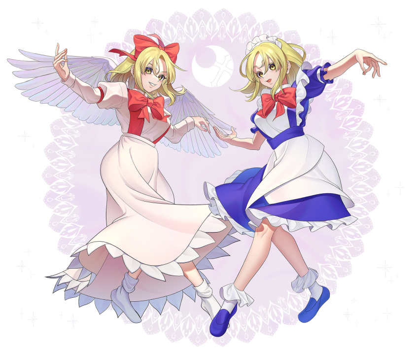 2girls angel_wings apron blonde_hair blue_dress bow dress feathered_wings gengetsu_(touhou) grid grid_background guumin hair_bow highres juliet_sleeves long_sleeves lotus_land_story maid maid_headdress mugetsu_(touhou) multiple_girls no_shoes puffy_sleeves red_bow ribbon short_hair short_sleeves smile socks suspenders touhou touhou_(pc-98) waist_apron warped white_socks white_wings wings yellow_eyes