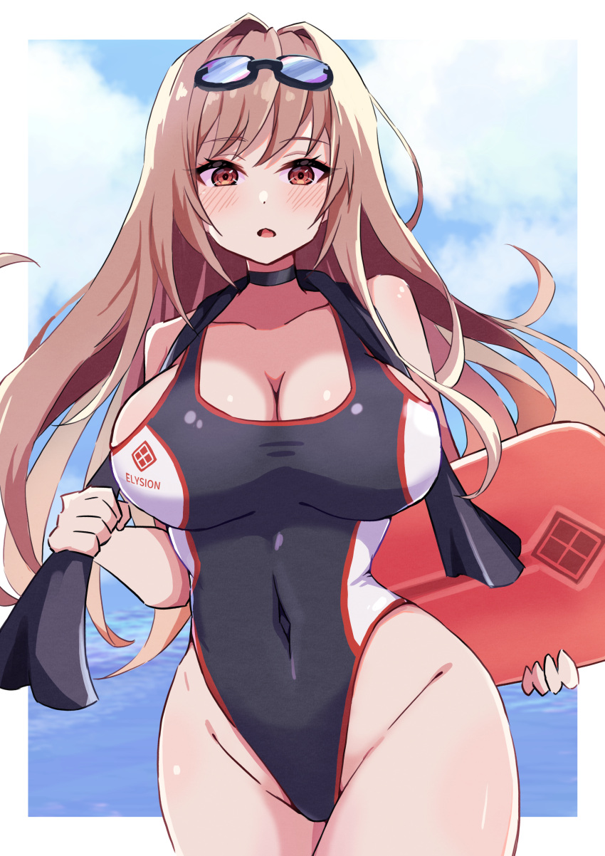 1girl absurdres black_choker black_one-piece_swimsuit blue_sky breasts brown_hair choker cleavage cloud commentary_request competition_swimsuit covered_navel cowboy_shot goddess_of_victory:_nikke goggles goggles_on_head highleg highleg_swimsuit highres kickboard large_breasts light_brown_hair long_hair maruichi_pepeto one-piece_swimsuit partial_commentary rapi_(nikke) sky solo swimsuit towel two-tone_swimsuit