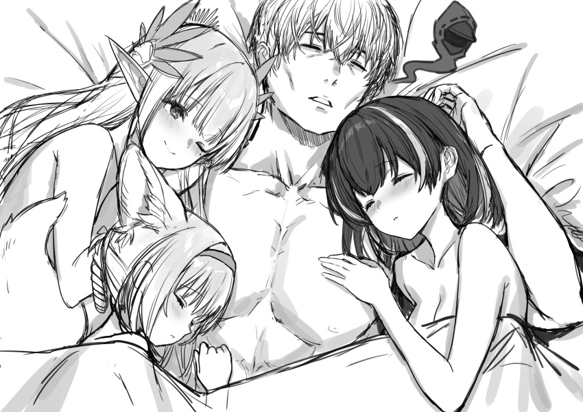 1boy 3girls animal_ears arknights bed bed_sheet blanket blush braided_hair_rings breasts chinese_commentary cleavage closed_eyes closed_mouth doctor_(arknights) feather_hair fox_ears fox_girl fox_tail from_above giving_up_the_ghost greyscale guy_tired_after_sex_(meme) hairband harem hetero highres kitsune long_hair looking_at_another lying lying_on_person magallan_(arknights) male_doctor_(arknights) medium_breasts meme mole mole_under_eye monochrome muelsyse_(arknights) multicolored_hair multiple_girls on_side one_eye_closed parted_lips pointy_ears short_hair sigm@ sleeping smile sunken_cheeks suzuran_(arknights) tail topless two-tone_hair under_covers unfinished upper_body