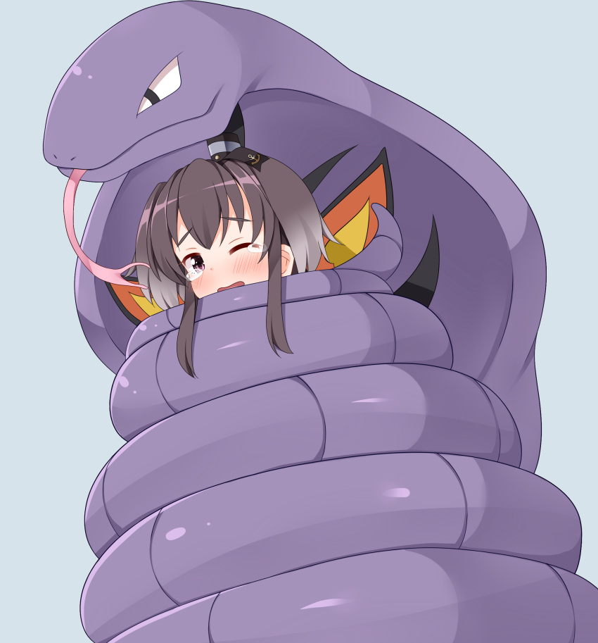 1girl absurdres anchor_symbol arbok black_eyes black_hair blue_background blush bound brown_eyes constriction crossover forked_tongue grey_hair highres kantai_collection looking_at_viewer multicolored_hair nikku_(ra) one_eye_closed open_mouth pokemon pokemon_(creature) short_hair_with_long_locks simple_background tears tokitsukaze_(kancolle) tongue