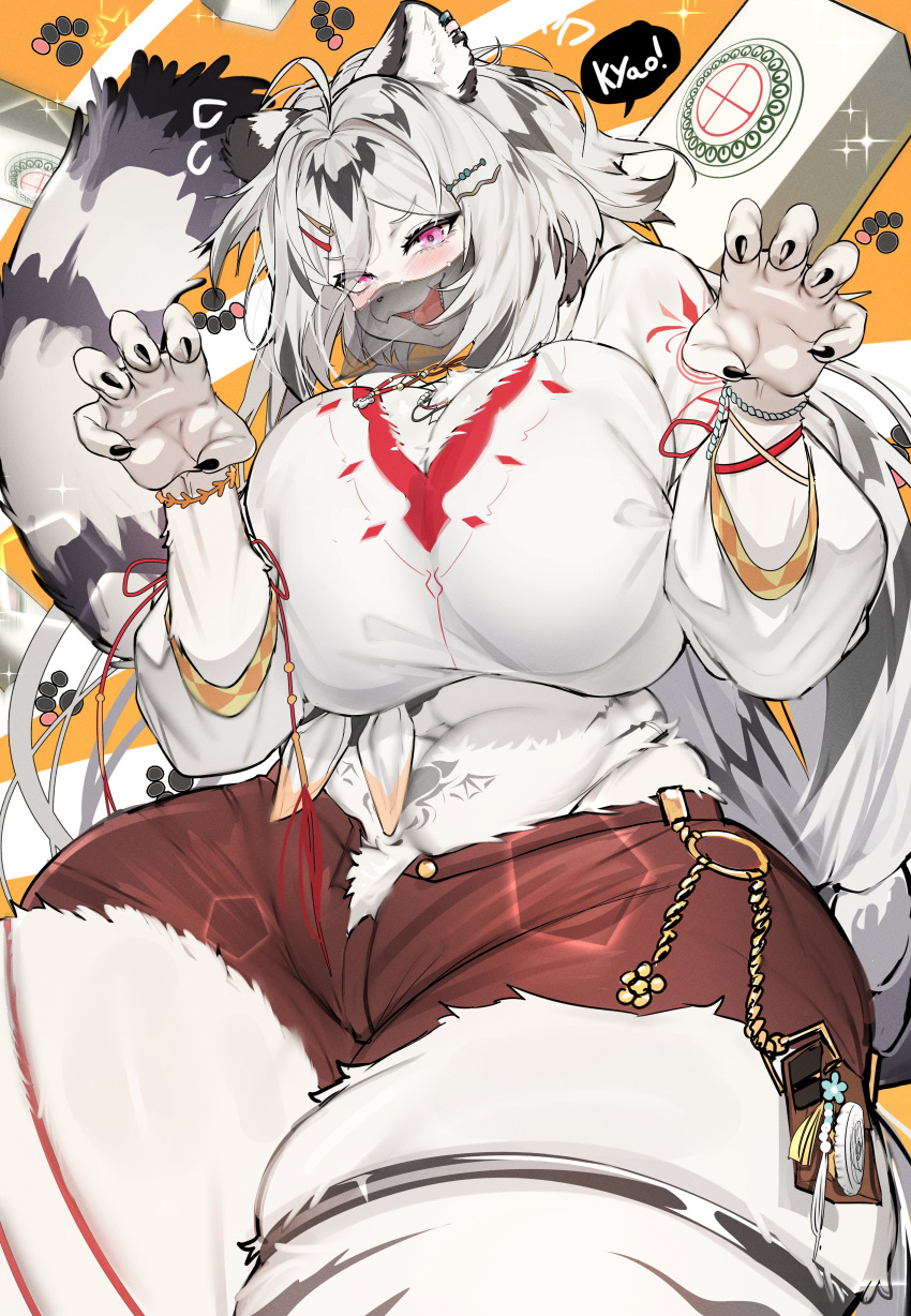 absurd_res anthro belly big_breasts bottomwear breasts clothed clothing felid female fur hair hannah_(mahjong_soul) hi_res huge_breasts kantan kemono mahjong_soul mammal pantherine pink_eyes solo tail thick_thighs tiger white_body white_fur wide_hips