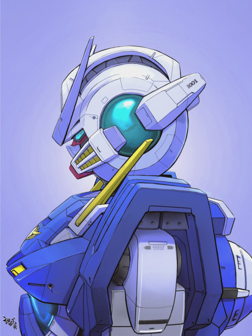 blue_background blue_eyes celestial_being commentary exia_repair_ii from_side gn_drive gundam gundam_00 gundam_exia highres looking_ahead machinery mecha mobile_suit moroboshi_danshaku no_humans portrait profile robot science_fiction solo v-fin