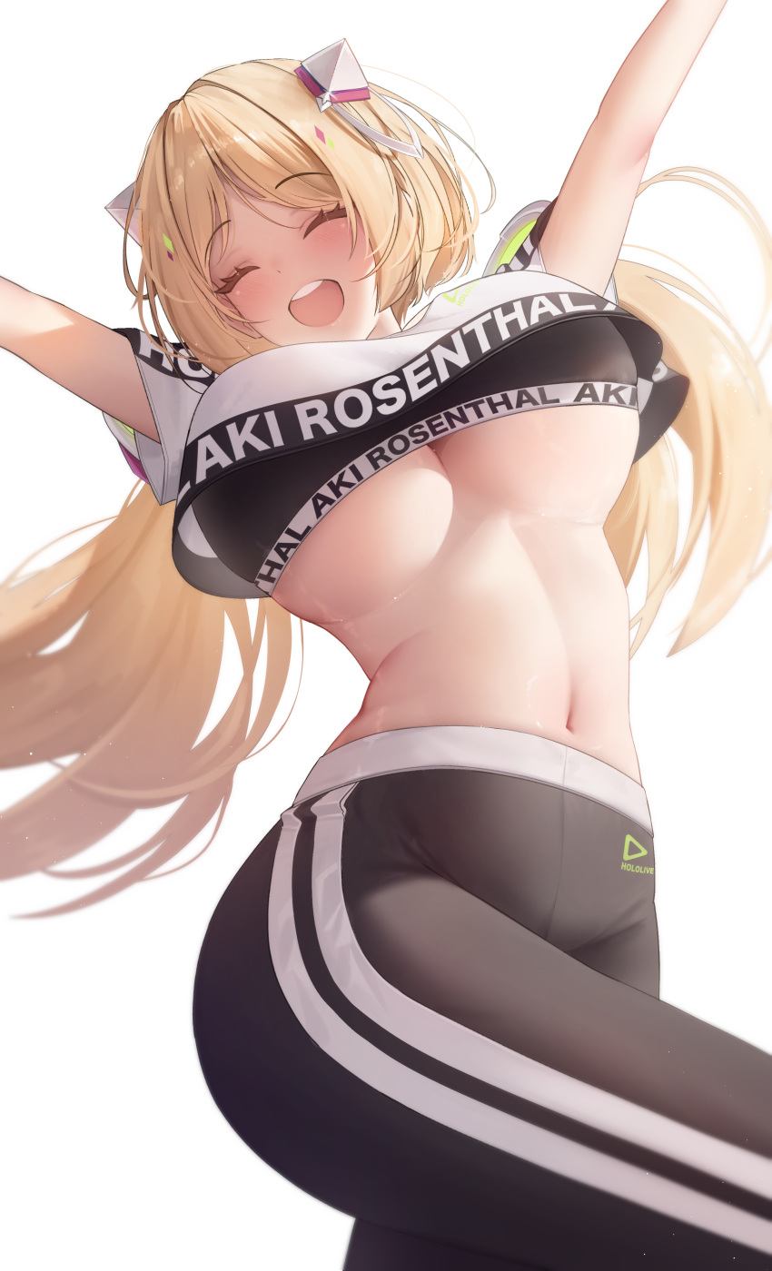 1girl absurdres aki_rosenthal arms_under_breasts black_bracelet black_pasties blonde_hair blue_sports_bra blush breasts closed_eyes cowboy_shot crop_top from_below highres hololive hololive_dance_practice_uniform large_breasts long_hair midriff navel official_alternate_costume open_mouth pants prab simple_background smile solo sports_bra sports_bra_peek track_pants twintails underboob undersized_clothes virtual_youtuber white_background