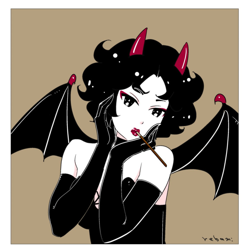 1girl bat_wings black_eyes black_gloves black_hair black_leotard border commentary curly_hair demon_girl demon_horns elbow_gloves food food_in_mouth gloves hands_on_own_cheeks hands_on_own_face horns leotard looking_at_viewer original pocky pocky_day pocky_in_mouth rebami2020 short_hair signature solo strapless strapless_leotard upper_body white_border wings