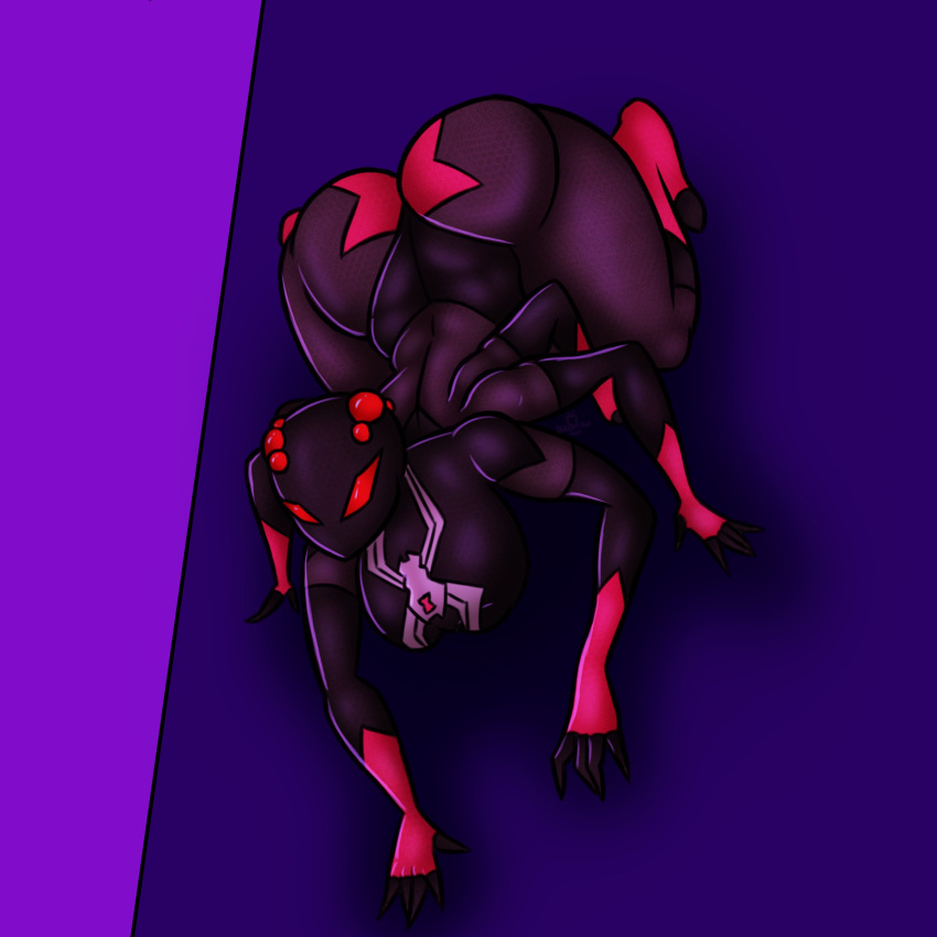 6_arms absurd_res anthro arachnid arthropod big_breasts big_butt black_clothing bodysuit breasts bugzilla butt clothing crawling female gloves handwear hi_res marvel multi_arm multi_limb multicolored_clothing on_wall purple_background red_clothing red_eyes red_gloves red_handwear simple_background skinsuit solo spider-man_(series) tight_clothing two_tone_clothing