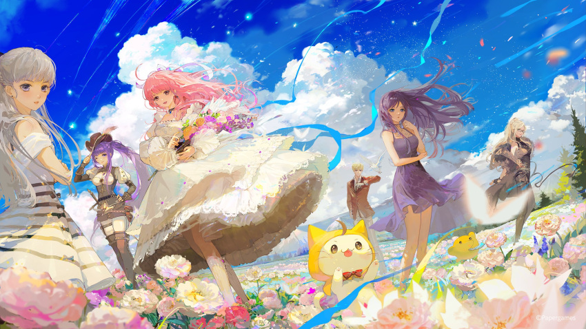 1boy 5girls ace_(miracle_nikki) adjusting_clothes adjusting_headwear anniversary bare_legs bare_shoulders bird black_jacket blonde_hair blue_sky blurry blurry_foreground boots bouquet breasts brown_eyes brown_headwear cat choker copyright_name corset day dress english_commentary field flower flower_field glasses highres holding holding_bouquet jacket jewelry kimi_(miracle_nikki) long_hair medium_breasts momo_(miracle_nikki) mountainous_horizon multiple_girls necklace nikki_(miracle_nikki) official_art official_wallpaper outdoors pants pink_hair purple_dress purple_eyes purple_hair red_jacket red_ribbon ribbon shining_nikki shirt sky sword weapon white_dress white_hair white_pants white_shirt wind yellow_cloak