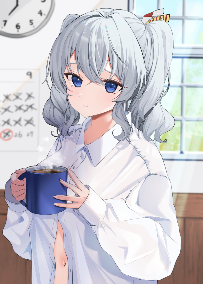 1girl absurdres blue_eyes breasts buttons calendar_(object) clock coffee coffee_mug cup frown grey_hair hat highres indoors kantai_collection kashima_(kancolle) long_hair mug oversized_clothes oversized_shirt partially_unbuttoned shirt sidelocks tsurime twintails wavy_hair white_shirt window yoshino_(mfmfpng)