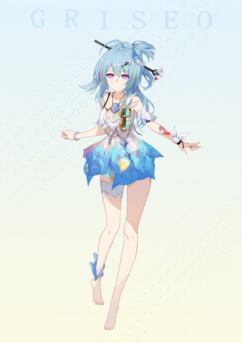 1girl absurdres ahoge bangs bare_shoulders barefoot blue_background blue_hair character_name closed_mouth full_body full_moon griseo hair_ornament highres honkai_(series) honkai_impact_3rd moon one-piece_swimsuit purple_eyes smile swimsuit toes two-tone_background white_one-piece_swimsuit yellow_background yuking-