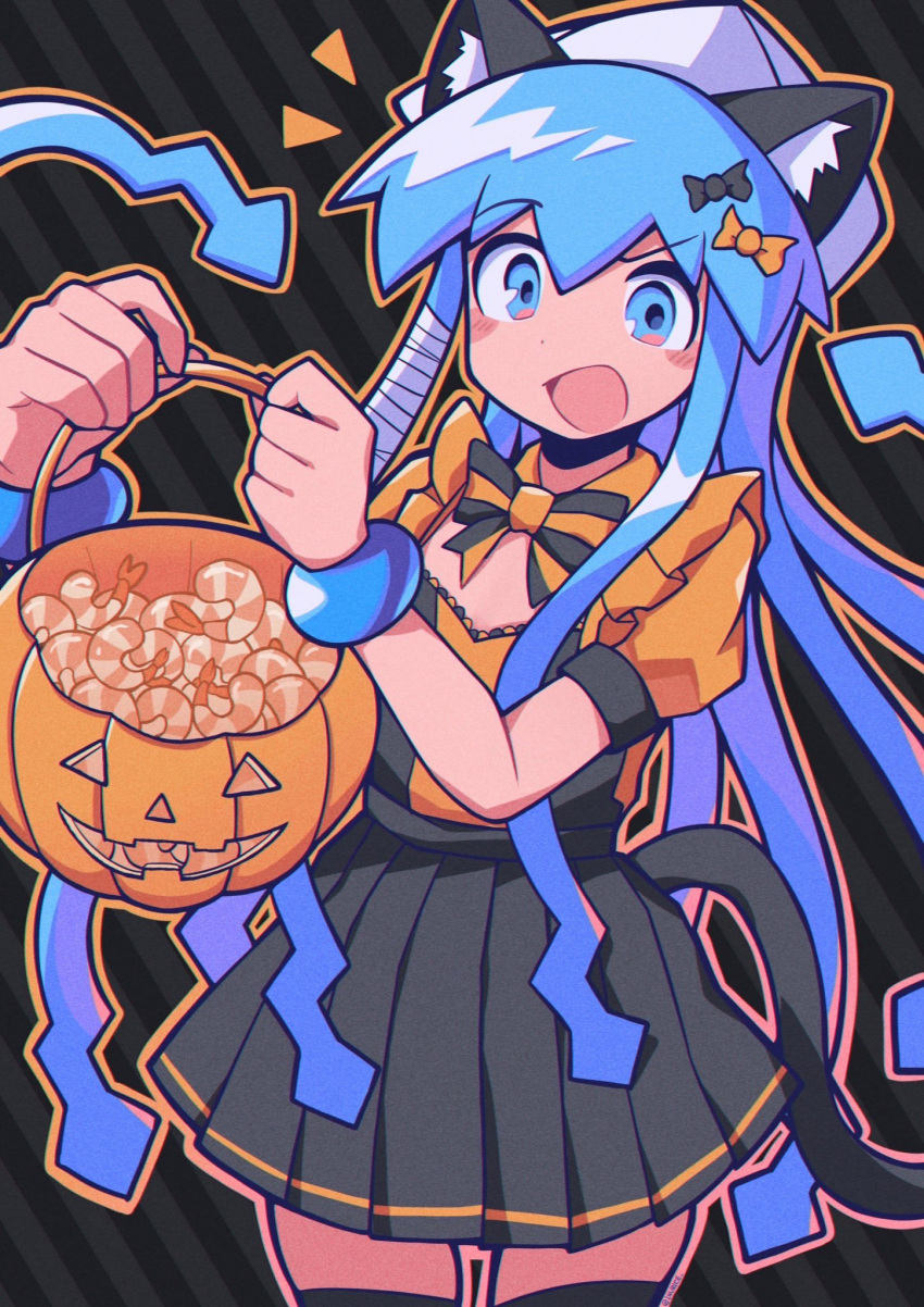 1girl :d animal_ears black_background black_dress blue_eyes blue_hair blush_stickers bow bucket cat_ears cat_girl cat_tail dress emphasis_lines halloween halloween_costume highres holding holding_bucket ikamusume inurice jack-o'-lantern long_hair open_mouth orange_bow pleated_dress raised_eyebrow shinryaku!_ikamusume shrimp smile solo squid tail tentacle_hair tentacles